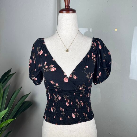 Reformation Tops - Whimsigoth Girly Grunge Black Floral Puff Sleeve Reformation Alta‎ Top Size XS